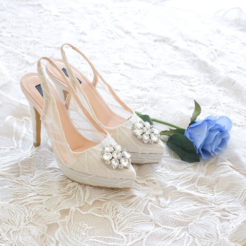 MADEMOISELLE ARROW LACE POINTED DOUBLE PLATFORM SLINGBACK HEELS 12CM WITH SWAROVSKI CRYSTAL - WHITE