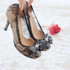 CHANTILLY LACE DOUBLE PLATFORM HEELS 12CM WITH RIBBON PEARL CRYSTAL - BLACK