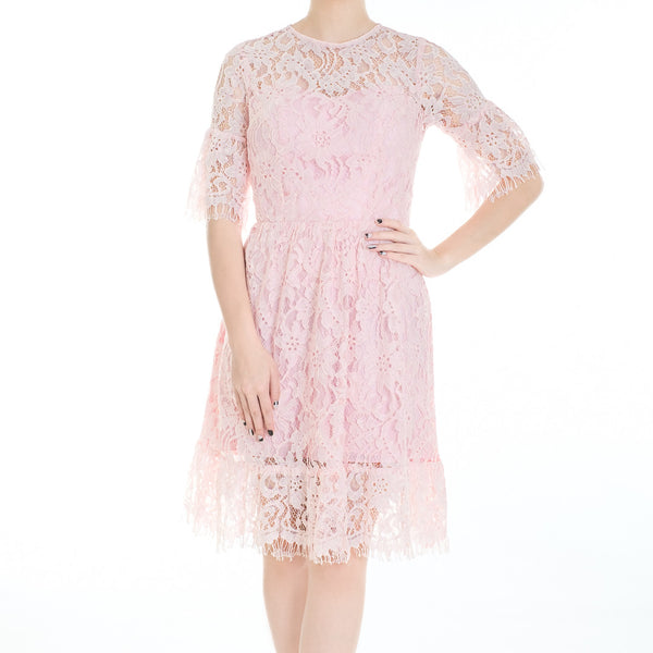 Valentino,Valentino Flutter-Sleeve Heavy-Lace Dress, Pink - WEAR