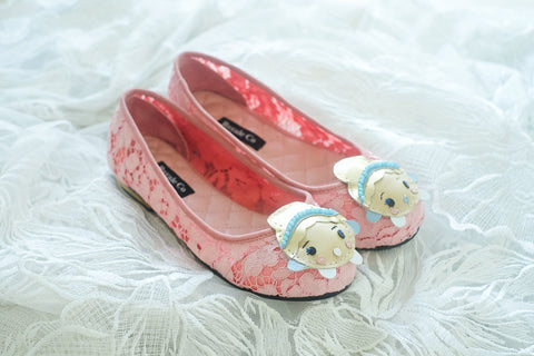 LACE FLAT SHOES WITH CINDERELLA HANDMADE LEATHER CHARM - BABY PINK
