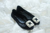 CHANTILLY LACE FLAT SHOES WITH SQUARE PEARLS - BLACK