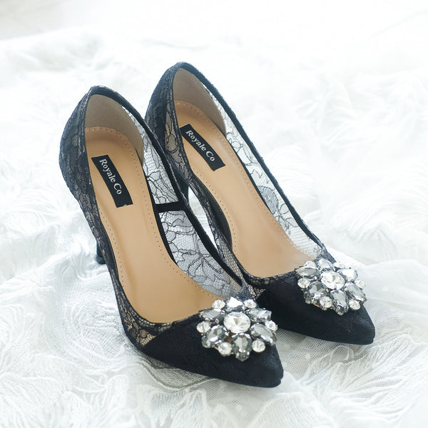 MADEMOISELLE CHANTILLY LACE POINTED HEELS 9CM WITH SWAROVSKI CRYSTAL - BLACK