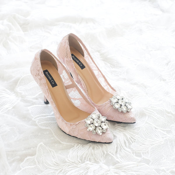 MADEMOISELLE LACE POINTED HEELS 9CM WITH SWAROVSKI CRYSTAL - BABY PINK