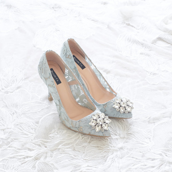 MADEMOISELLE LACE POINTED HEELS 9CM WITH SWAROVSKI CRYSTAL - BABY BLUE
