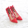 RIBBON LACE POINTED HEELS WITH PEARL & CRYSTAL 9CM - RED