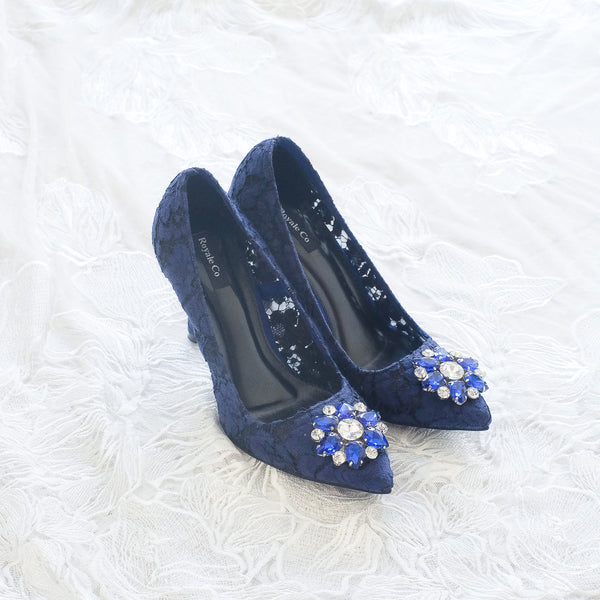 MADEMOISELLE LACE POINTED HEELS 9CM WITH SWAROVSKI CRYSTAL - NAVY