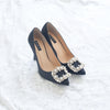 COCO SATIN POINTED HEELS 9CM WITH PEARL CRYSTAL - BLACK