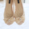 RIBBON LACE FLAT SHOES WITH PEARL & CRYSTAL - NUDE