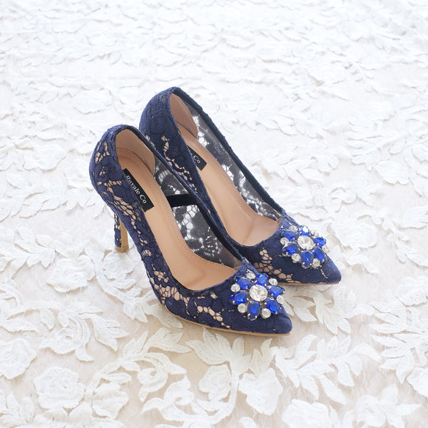 MADEMOISELLE LACE POINTED HEELS 9CM WITH SWAROVSKI CRYSTAL - NAVY