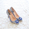 MADEMOISELLE JACQUARD POINTED HEELS 9CM WITH SWAROVSKI CRYSTAL - BLUE GOLD