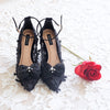 CAMELLIA POINTED SUEDE ANKLE STRAP WEDGES 9CM WITH RIBBON BEADS SWAROVSKI CLIP - BLACK
