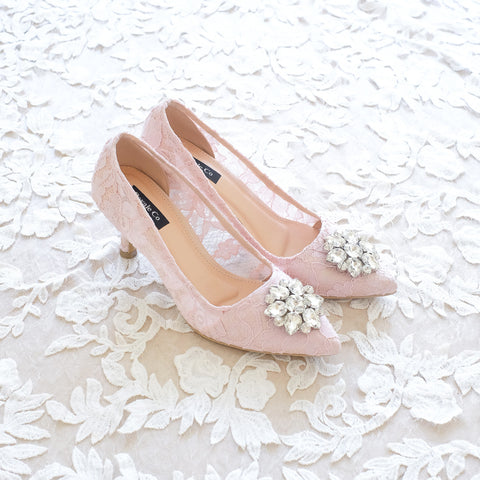 MADEMOISELLE LACE POINTED HEELS 7CM WITH SWAROVSKI CRYSTAL - BABY PINK