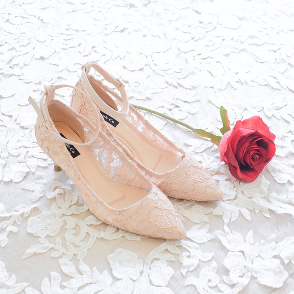 LACE POINTED HEELS 5CM WITH SUEDE ANKLE STRAP - NUDE