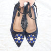 MADEMOISELLE LACE POINTED HEELS 7CM WITH SUEDE ANKLE STRAP WITH SWAROVSKI CRYSTAL - NAVY BLUE