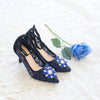 MADEMOISELLE LACE POINTED HEELS 7CM WITH SUEDE ANKLE STRAP WITH SWAROVSKI CRYSTAL - NAVY BLUE
