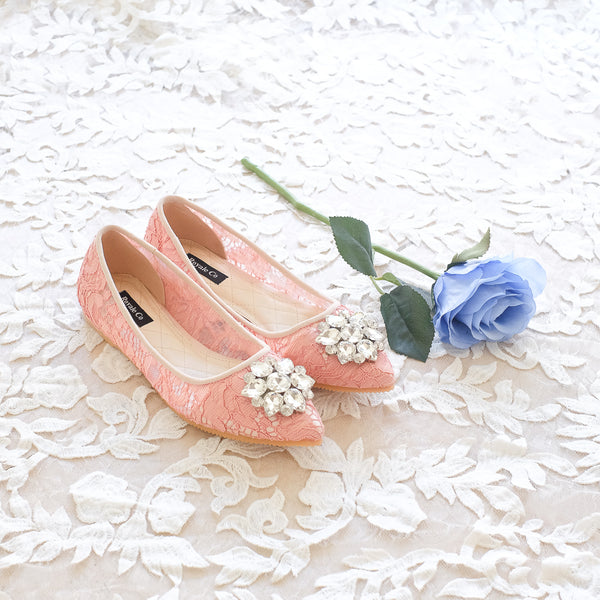 BALLET POINTED LACE FLAT SHOES WITH SWAROVSKI CRYSTAL - SALMON PEACH