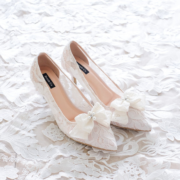 RIBBON LACE POINTED LACE HEELS WITH RIBBON PEARL CRYSTAL 7CM - WHITE