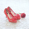 RIBBON LACE POINTED DOUBLE PLATFORM HEELS 12CM WITH RIBBON PEARL CRYSTAL - RED