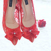 RIBBON LACE POINTED DOUBLE PLATFORM HEELS 12CM WITH RIBBON PEARL CRYSTAL - RED