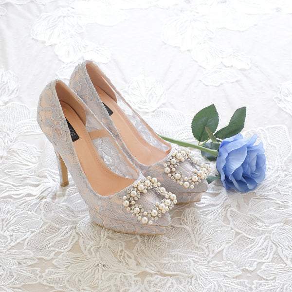 COCO LACE DOUBLE PLATFORM HEELS 12CM WITH PEARL CRYSTAL - GREY