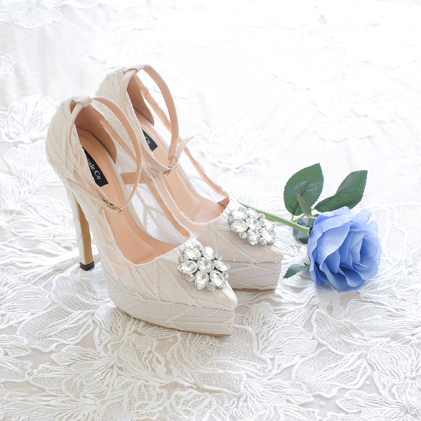 ARROW LACE POINTED DOUBLE PLATFORM HEELS 14CM WITH ANKLE STRAP & SWAROVSKI CRYSTAL - WHITE
