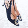 COCO SATIN SLINGBACK HEELS 5CM WITH PEARL CRYSTAL - NAVY