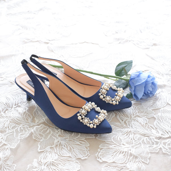 COCO SATIN SLINGBACK HEELS 5CM WITH PEARL CRYSTAL - NAVY