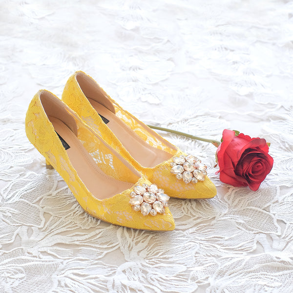 MADEMOISELLE LACE POINTED HEELS 5CM WITH GOLD SWAROVSKI CRYSTAL - YELLOW