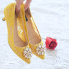 MADEMOISELLE LACE POINTED HEELS 5CM WITH GOLD SWAROVSKI CRYSTAL - YELLOW