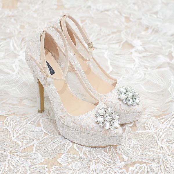MADEMOISELLE LACE POINTED DOUBLE PLATFORM HEELS 14CM WITH ANKLE STRAP & SWAROVSKI CRYSTAL - WHITE