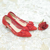 RIBBON LACE POINTED HEELS 5CM WITH RIBBON PEARL CRYSTAL - RED