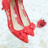 RIBBON LACE POINTED HEELS 5CM WITH RIBBON PEARL CRYSTAL - RED