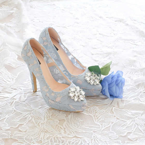 MADEMOISELLE LACE POINTED DOUBLE PLATFORM HEELS 14CM WITH SWAROVSKI CRYSTAL - BABY BLUE