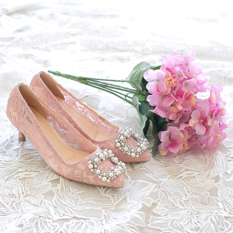 COCO LACE POINTED HEELS 5CM WITH PEARL CRYSTAL - DUSTY PINK